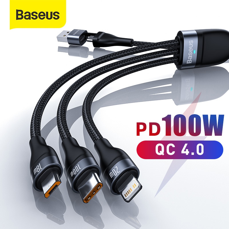 Baseus 3 في 1 USB C كابل آيفون 12 برو 11 XR شاحن كابل 100 واط USB نوع C كابل ماك بوك برو سامسونج شاومي 